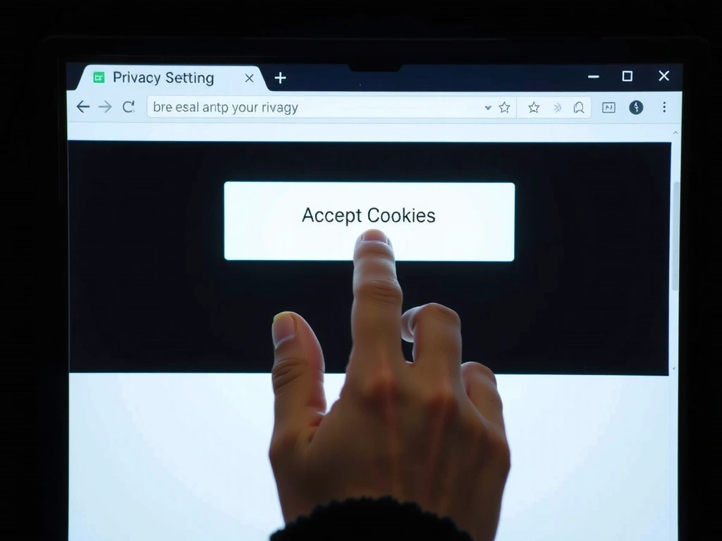 Mână care apasă pe un buton de acceptare a cookie-urilor pe un ecran digital, ilustrând controlul utilizatorului asupra confidențialității