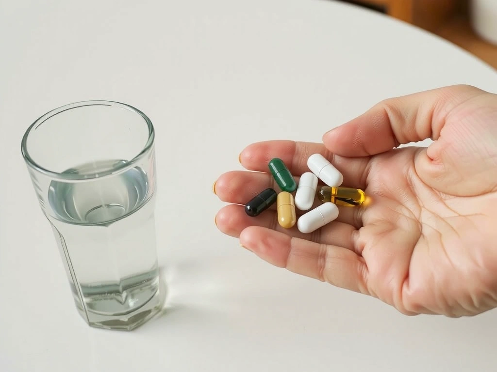 Mână cu pastile și un pahar cu apă