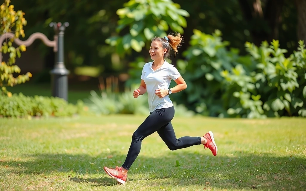 Femeie energică care aleargă în natură, simbolizând vitalitate și sănătate, cu fundal verde, natural.