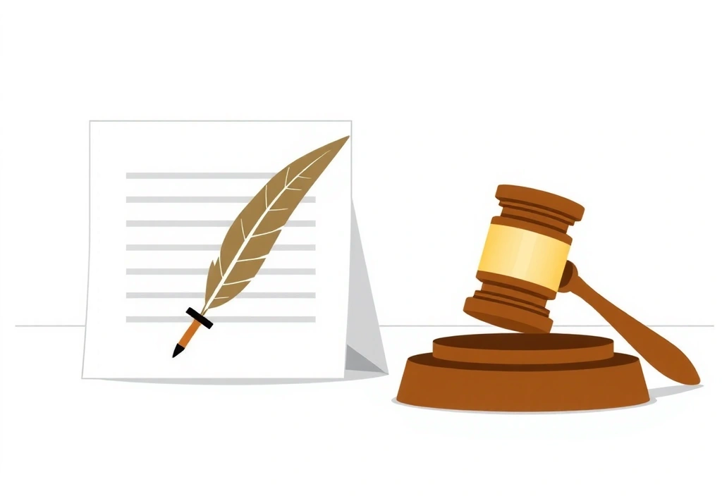Ilustrație cu documente legale și un stilou, simbolizând termenii și condițiile